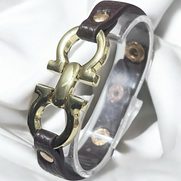 Gold and Dark Brown Leather Bracelet - Picture 2 of 5